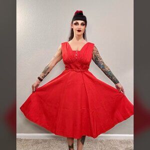 50s Vintage Red Metallic Circle Skirt Dress MCM Clutch Formal Holiday M/L